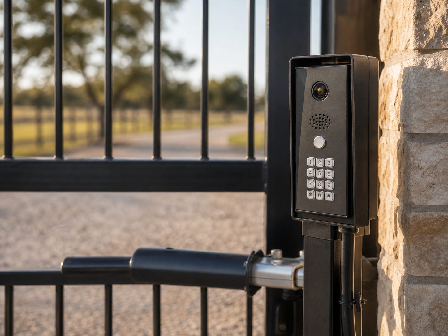 Close-up of generic keypad and intercom pedestal beside steel gate