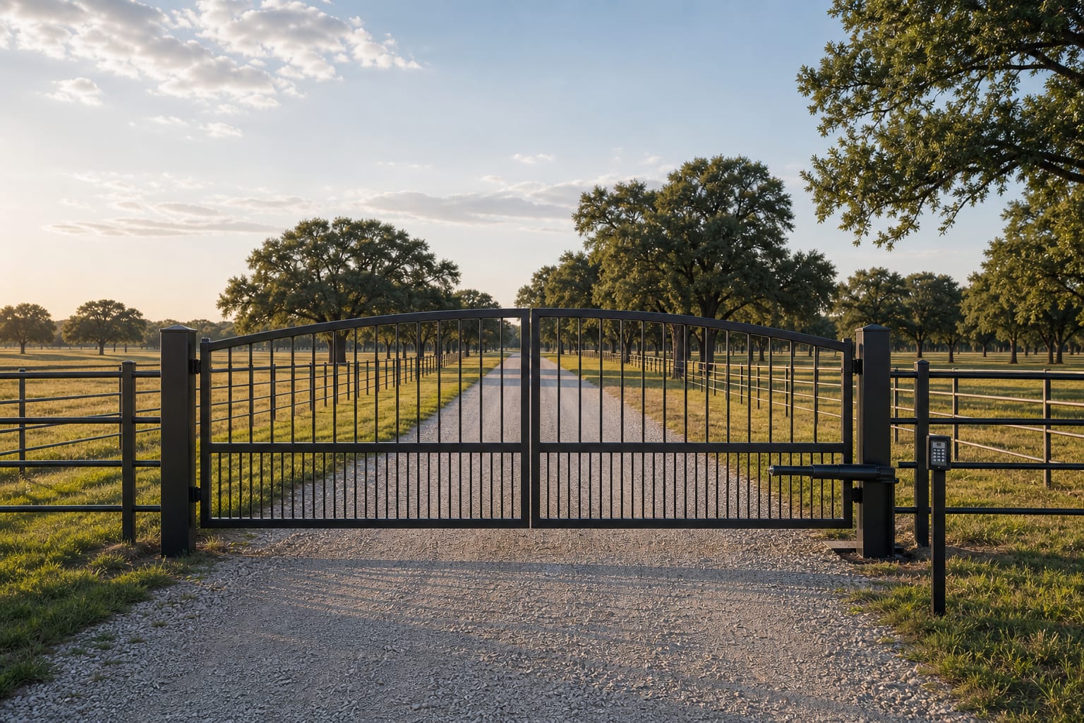 Rural ranch automatic steel gate with long gravel drive and pasture