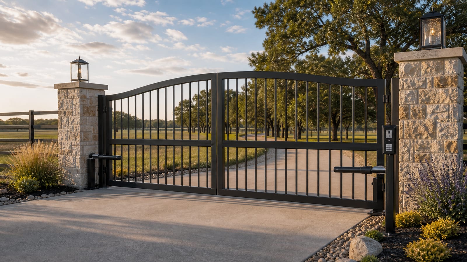 Premium automatic steel gate at a rural North Texas entrance.