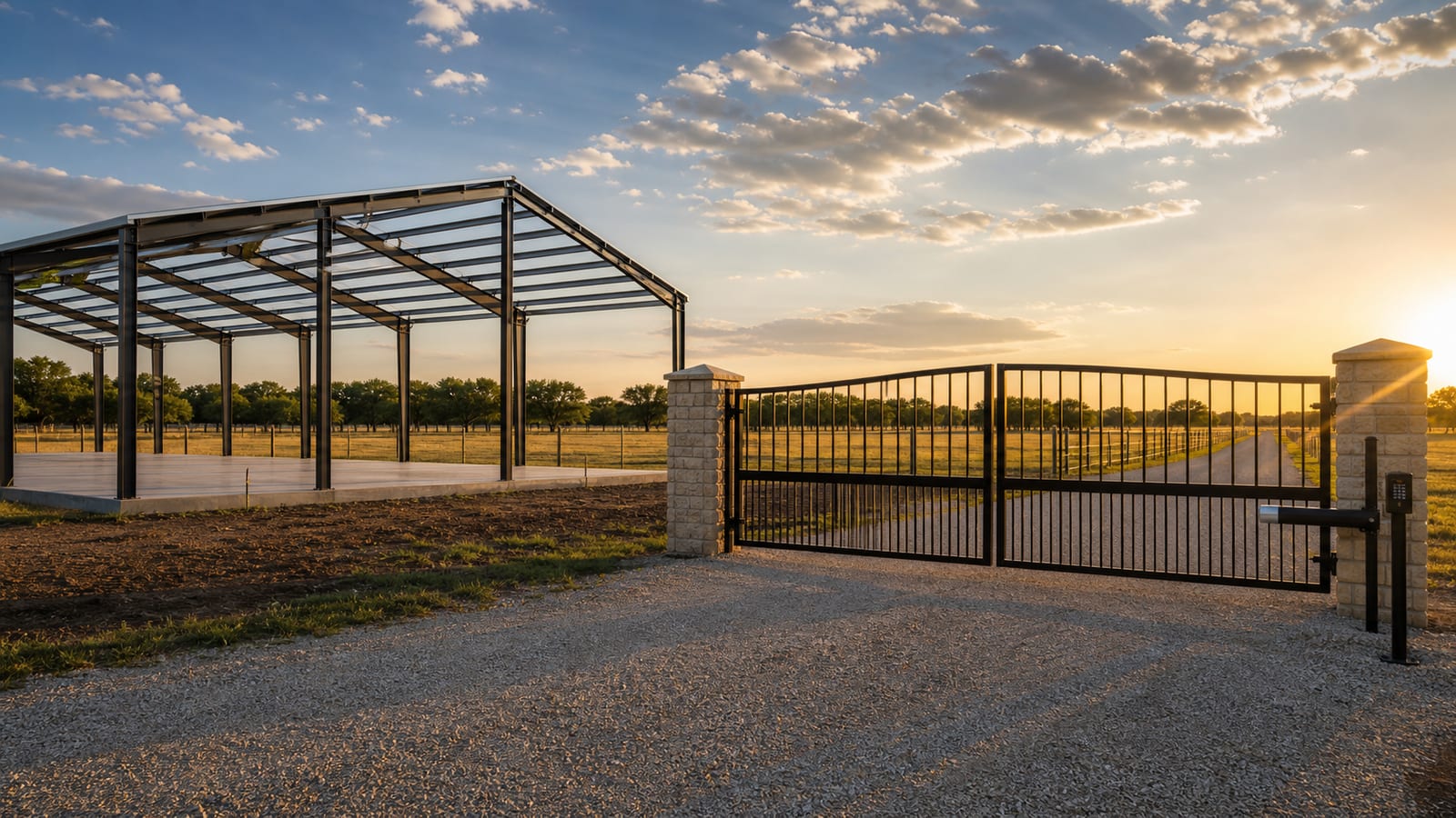 Wide North Texas property scene with metal building frame and automatic gate.