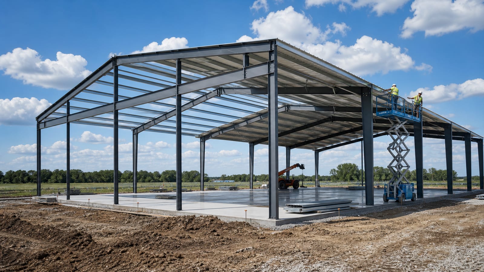 Large metal building shell under erection on a clean concrete pad.