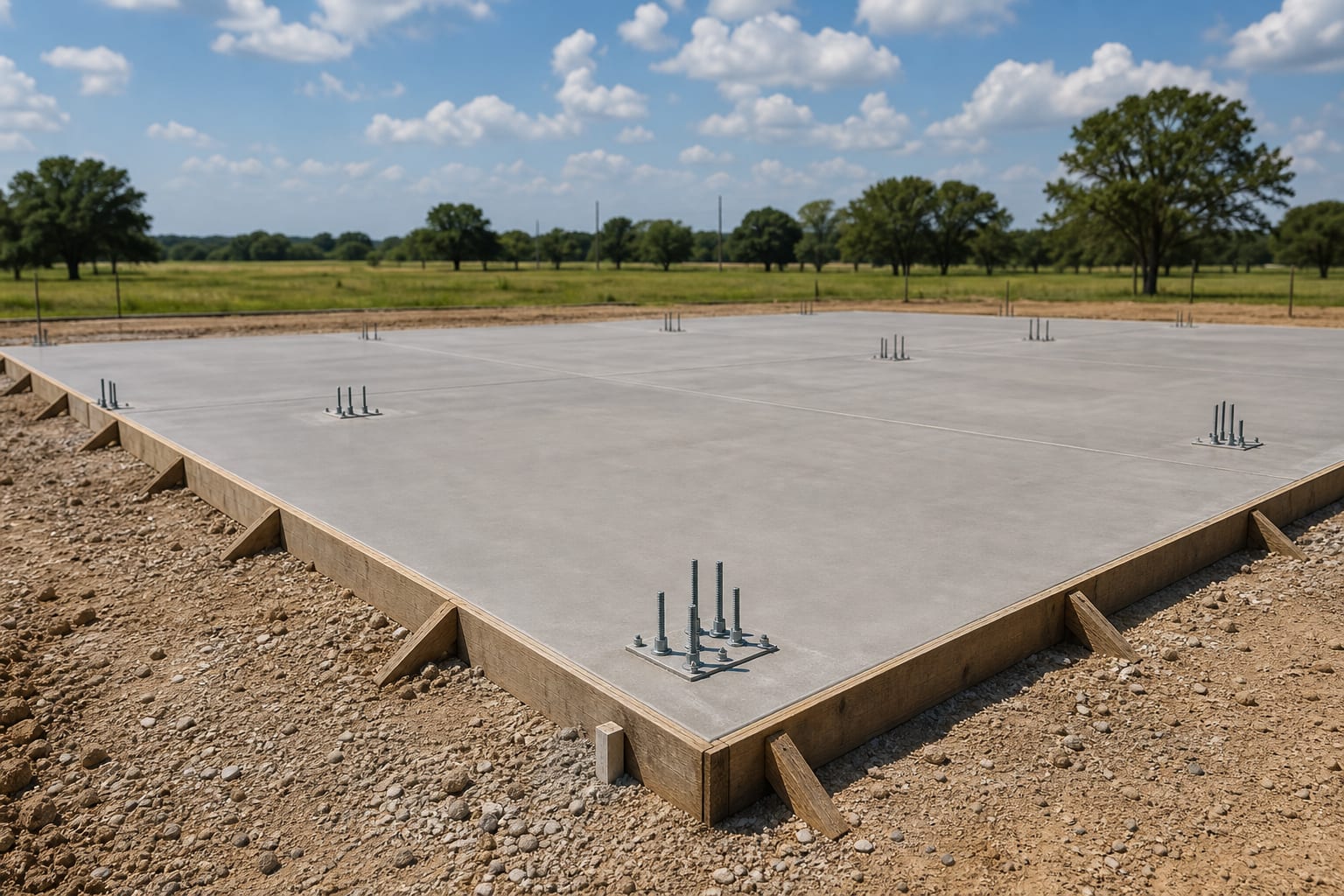Fresh concrete pad prepared for metal building erection.
