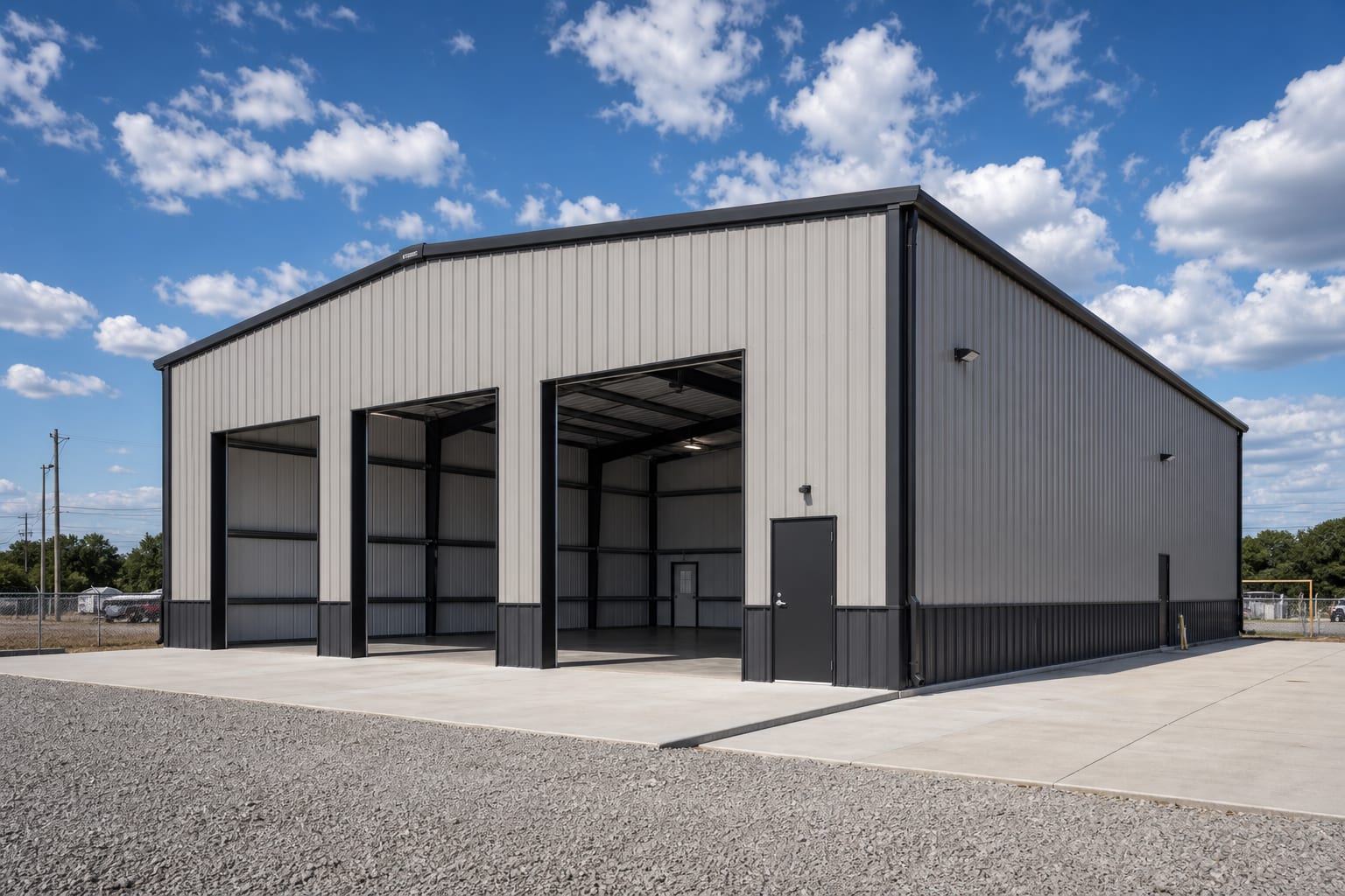 Finished pre-engineered steel warehouse shell with clean exterior panels.