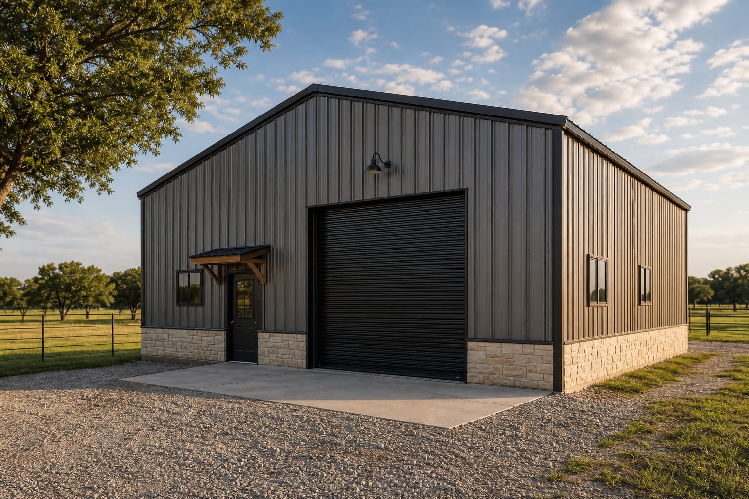 Finished weld-up shop or barn-style metal building on rural acreage.