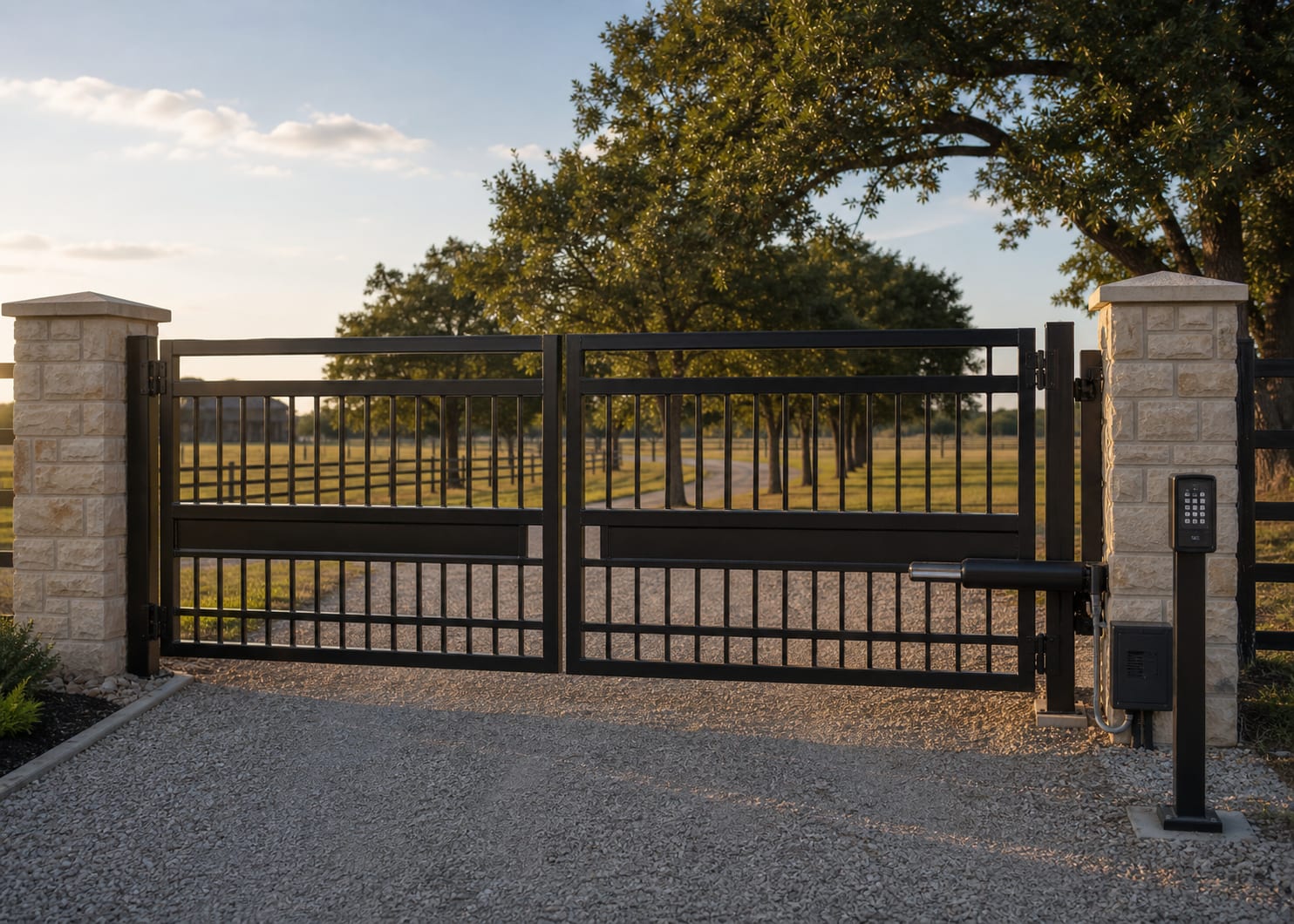 Custom automatic driveway gate with operator and keypad.
