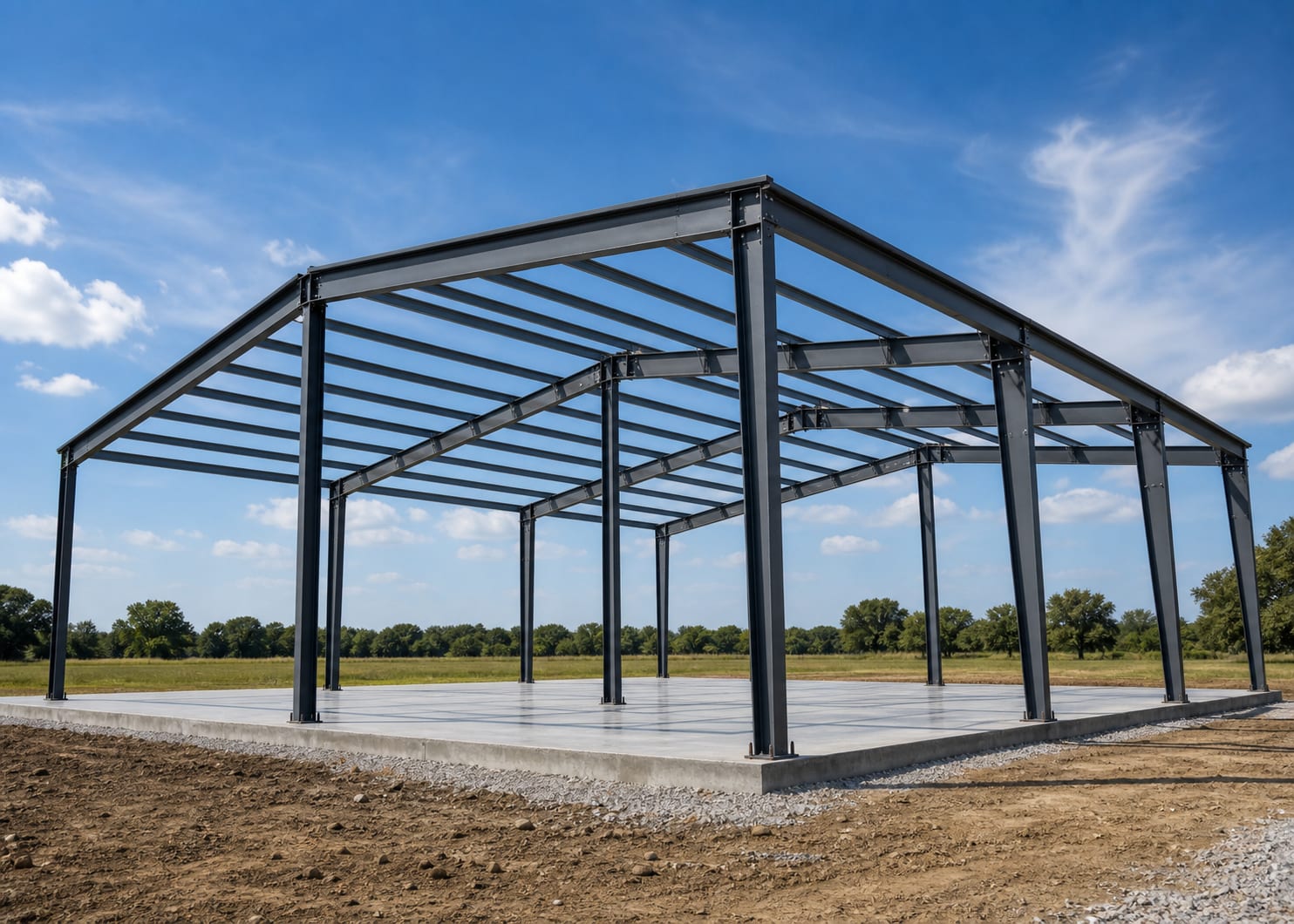 Steel frame of a metal building under construction on a clean concrete pad.