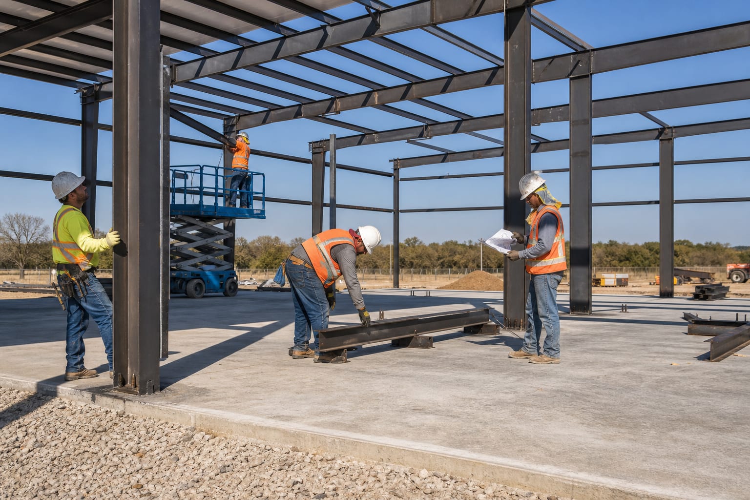 Contractor crew in PPE working on a clean metal building jobsite.