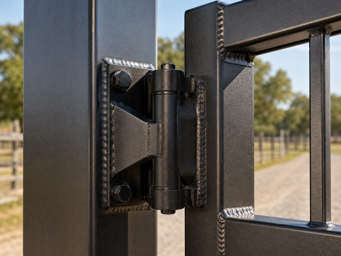 Close-up of heavy gate hinge and clean weld detail